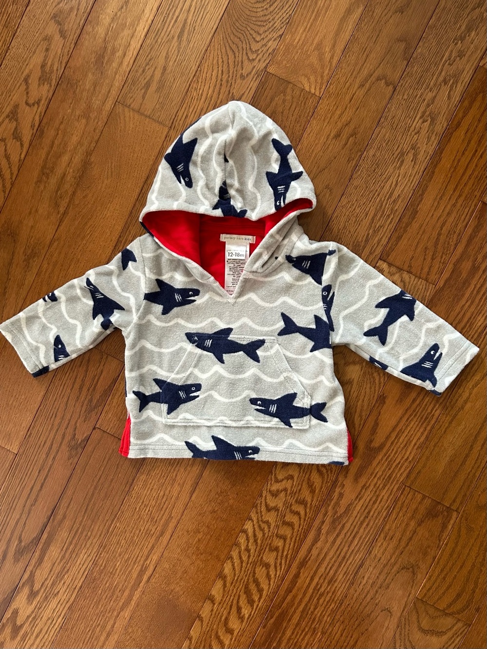 Pottery Barn Kids Boys Navy/Gray Shark Print Hooded Beach Cover Up 12-18M